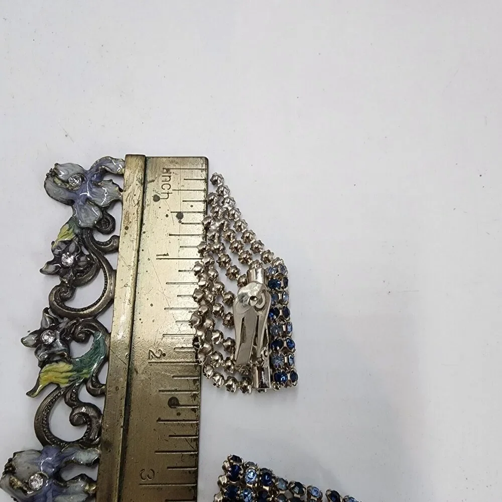 Vintage Large Oversized Blue Rhinestone Statement Climber Earrings Clip On